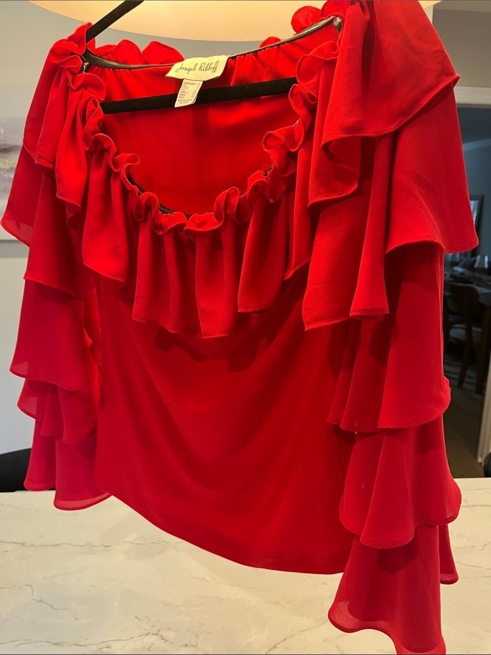 Joseph Ribkoff Red Ruffle Off-Shoulder Blouse - Picture 4 of 6